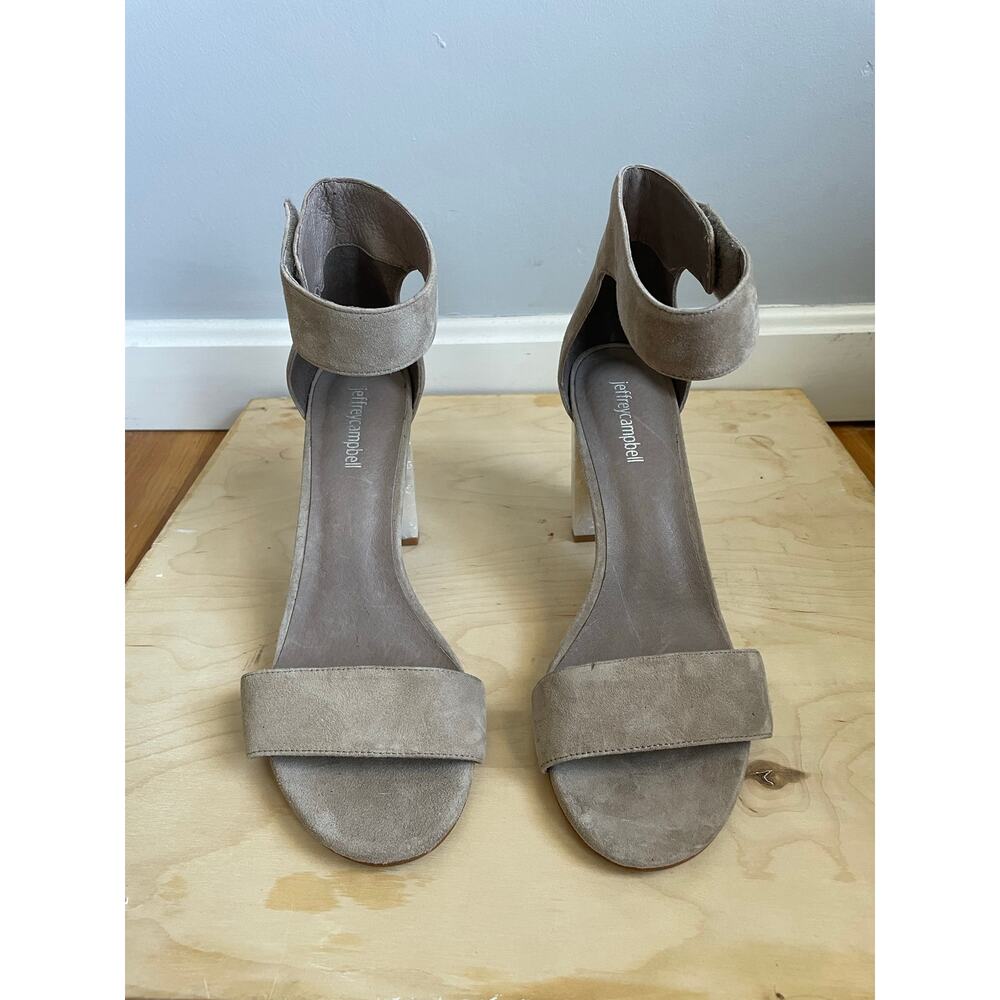 Jeffrey Campbell Lindsay Heels 3.5" sz 10 Suede Leather Nude Lucite Sparkle Heel - Picture 2 of 10